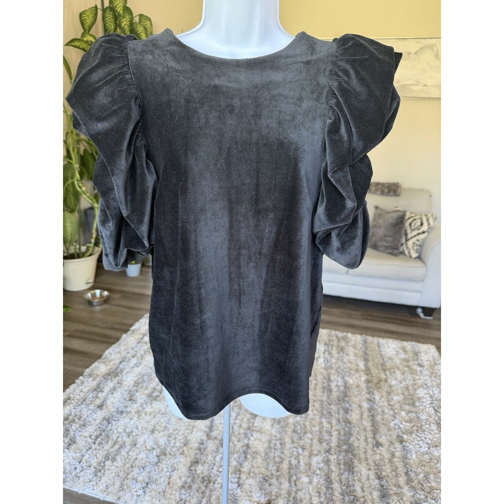 THML Flutter Sleeve Velvet Top Black Textured Blouse THS0989-BK Womens Size M